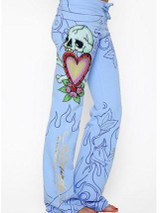 Rose Skull Pattern Hem Wide Leg Bottom Casual Pants