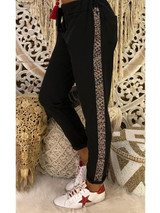 Black Patchwork Print Pockets Drawstring Waist Casual Long Pants