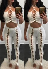 New White Cut Out High Waisted Cross Lace Up Long Pants