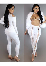 New White Cut Out High Waisted Cross Lace Up Long Pants