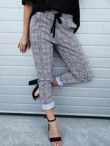 New Grey Plaid Print Pockets Drawstring Fashion Long Pants