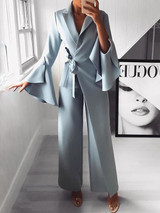 New Light Blue Belt Irregular Bell Sleeve Elegant Party Wide Leg Palazzo Long Jumpsuit Pant