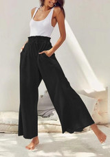 New Black Plain Drawstring Ruffle Mid-rise Casual Pants