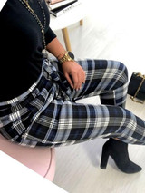 New Blue Plaid Sashes High Waisted Casual Long Pants