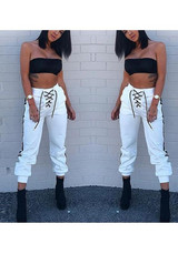 White Plain Drawstring Pockets Casual Long Pants