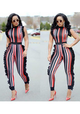 Red Striped Ruffle High Waisted Fashion Jumpsuit Pants