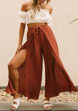 Purplish Red Sashes Draped Double Slit High Waisted Oversize Long Pants