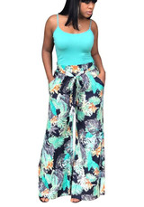 Multicolor Floral Print Pockets Sashes Elastic Waist Casual Long Pants