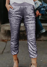 Light Silver Patchwork Sequin Pockets Sparkly High Waisted Nine's Pants