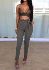 Grey Ruffle Sashes Pockets Casual Pants