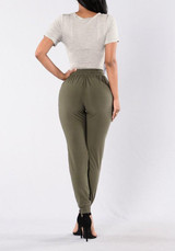 Green Zipper Pockets Drawstring High Waisted Long Pants