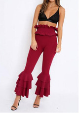 Burgundy Ruffle Skinny High Waisted Wide Leg Long Pants