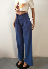 Blue Pleated Palazzo Trousers High Waisted Wide Leg Pockets Belt Ruffle Long Pants