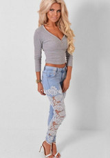 Blue Patchwork Lace Crochet Hollow-out Skinny Fashion Long Pencil Jean Pants