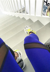Blue Patchwork Grenadine Elastic Waist High Waisted Sports Long Pants