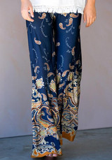 Blue Floral Print Elastic Waist Casual Long Pants