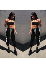 Black Plain Drawstring Pockets Casual Long Pants
