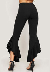Black Irregular Ruffle High Waisted Elegant Work Out Long Flare Pants