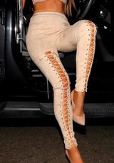 Beige Drawstring Zipper High Waisted Fashion Suede Long Pants
