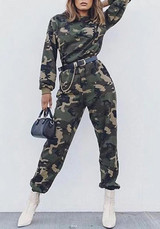 Army Green Camo Print Buttons Pockets Cargo High Waisted Casual Long Pants