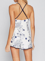 Casual Spaghetti Strap Backless Belt Printed Straight Jumpsuit