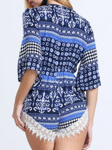 Casual Deep V-Neck Decorative Lace Printed Chiffon Romper