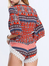 Casual Deep V-Neck Decorative Lace Printed Chiffon Romper
