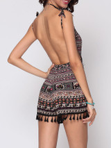 Casual Bohemian Tribal Printed Tassel Captivating Backless Rompers