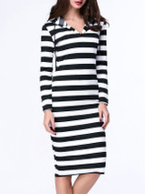 Casual Black White Hooded Striped Plus Size Bodycon Dress