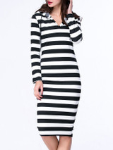 Casual Black White Hooded Striped Plus Size Bodycon Dress