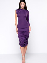 Casual Unique Ruched Plain Plus Size Bodycon Dress With One Sleeve