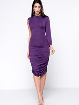 Casual Unique Ruched Plain Plus Size Bodycon Dress With One Sleeve