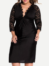 Casual Black Sexy Deep V-Neck Hollow Out Plain Plus Size Bodycon Dress