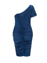 Casual Pleated One Shoulder Plain Plus Size Bodycon Dress