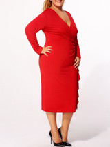 Casual Surplice Plain Cascading Ruffles Plus-size-bodycon-dress