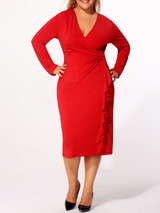 Casual Surplice Plain Cascading Ruffles Plus-size-bodycon-dress