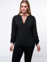 Casual Round Neck Hollow Out Plain Plus Size Blouse With Split Sleeve