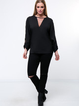 Casual Round Neck Hollow Out Plain Plus Size Blouse With Split Sleeve
