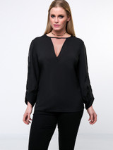 Casual Round Neck Hollow Out Plain Plus Size Blouse With Split Sleeve