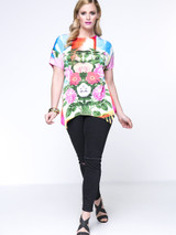Casual Colorful Floral Round Neck Asymmetric Hem Plus Size T-Shirt