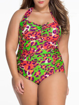 Casual Classical Leopard Halter Plus Size One Piece