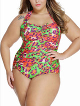 Casual Fascinating Leopard Halter Backless Plus Size One Piece