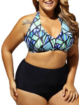Casual Halter Plus Size Swimwear In Geometric Printed