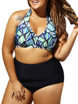Casual Halter Plus Size Swimwear In Geometric Printed