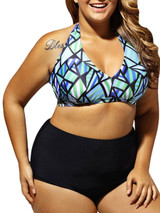 Casual Halter Plus Size Swimwear In Geometric Printed