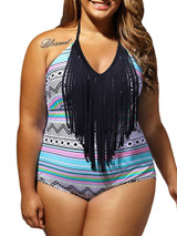 Casual Backless Halter Fringe Plus Size One Piece In Striped Printed