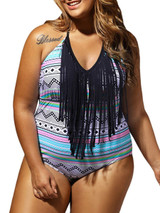 Casual Backless Halter Fringe Plus Size One Piece In Striped Printed