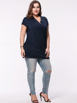 Casual Longline V-Neck Pocket Solid Plus Size T-Shirt With Contrast Button