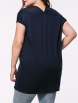 Casual Longline V-Neck Pocket Solid Plus Size T-Shirt With Contrast Button
