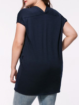 Casual Longline V-Neck Pocket Solid Plus Size T-Shirt With Contrast Button